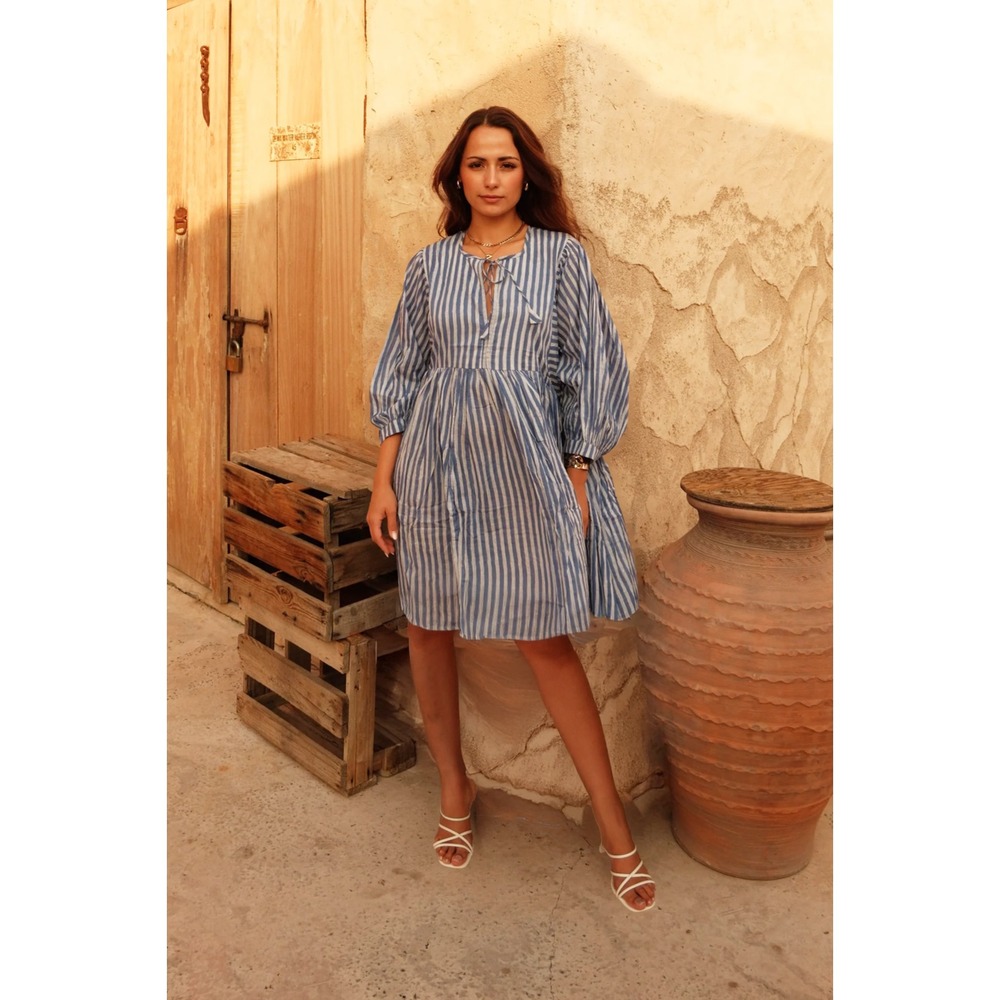 House of Sundar Tara Mini Dress in Sky Lines Size 3X Blue Striped Cotton Pocket